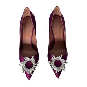 Amina Muaddi Satin Begum Crystal Accent Point Pump Heels Purple Women's Size 36